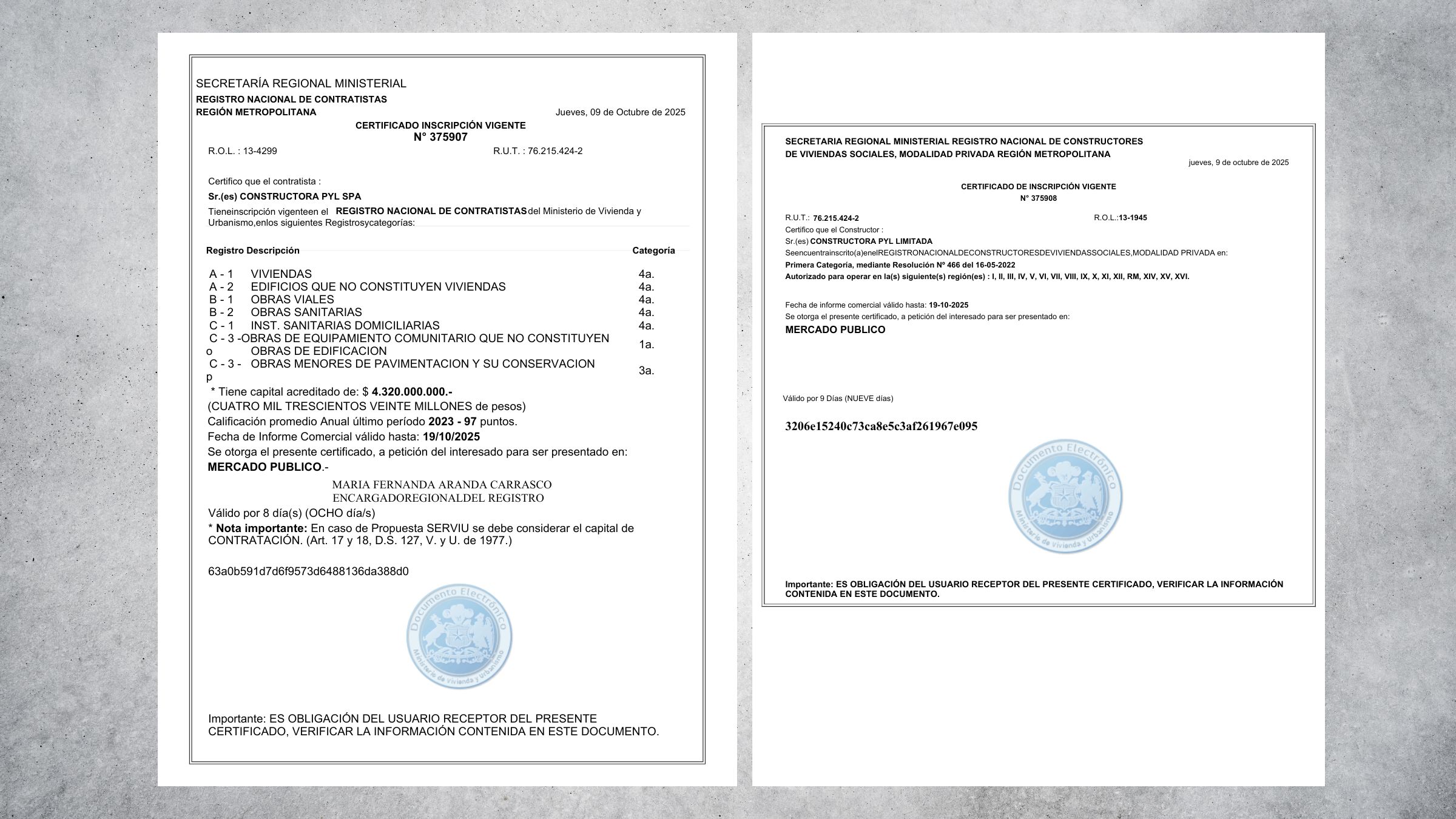 Certificado Constructora PYL SPA